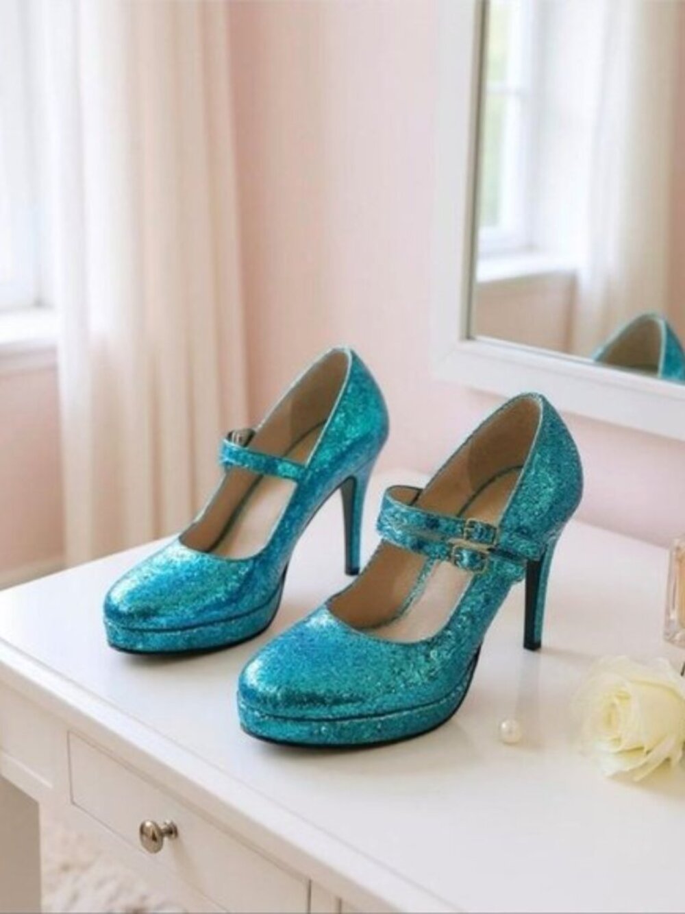 1031 Shoes ✦ Blue Glitter Heels ✦ Party Pumps Double Buckle Closure Sz 9 NWT - Picture 7 of 8